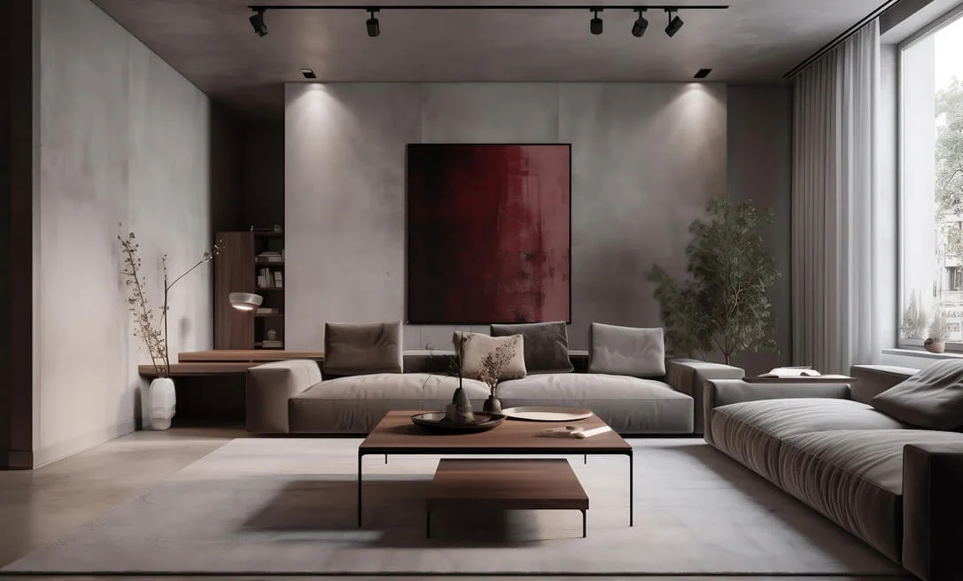 Moderner Wohnraum mit grauem Sichtspachtel-Bodenbelag, grauem Sofa, Holztisch mit Metallgestell und großem abstraktem Wandbild