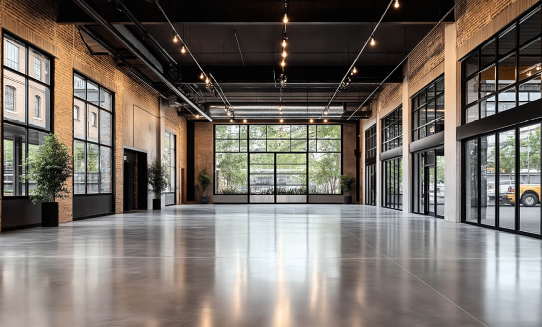 Großer leerer Industriehallenraum mit poliertem Betonboden, großen Fenstern und sichtbaren Deckeninstallationen