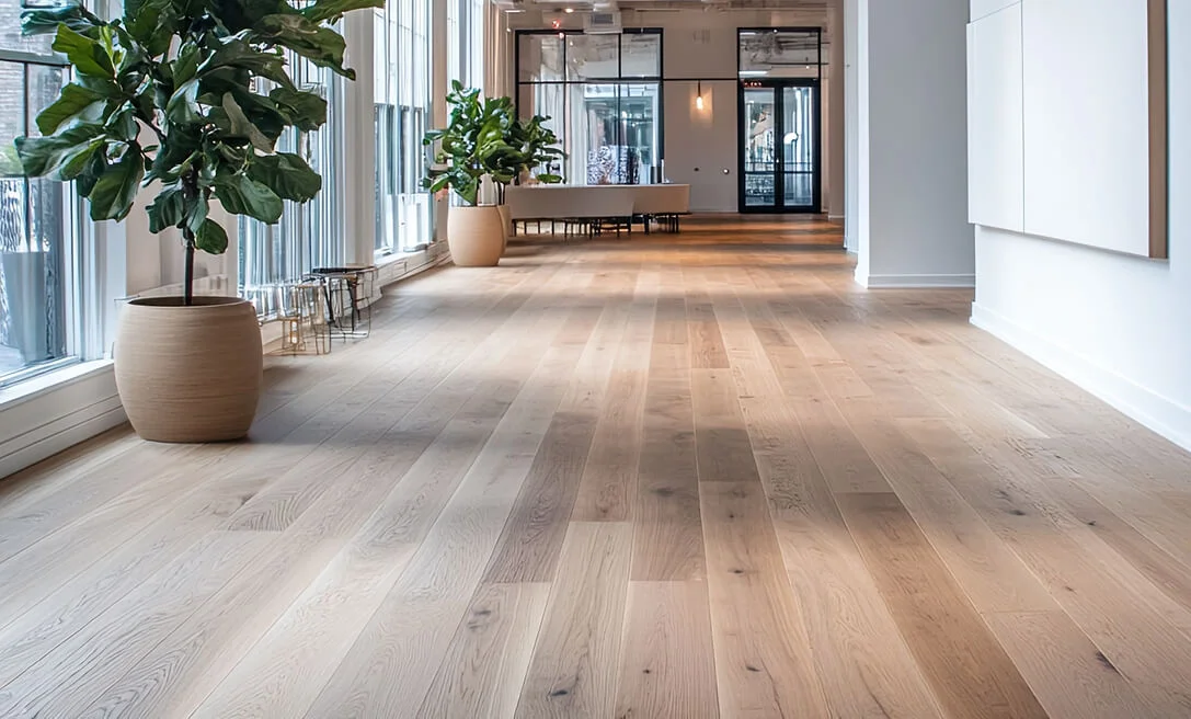 Heller Vinylboden mit Holzmaserung in einem modernen, lichtdurchfluteten Raum mit großen Pflanzen in Töpfen