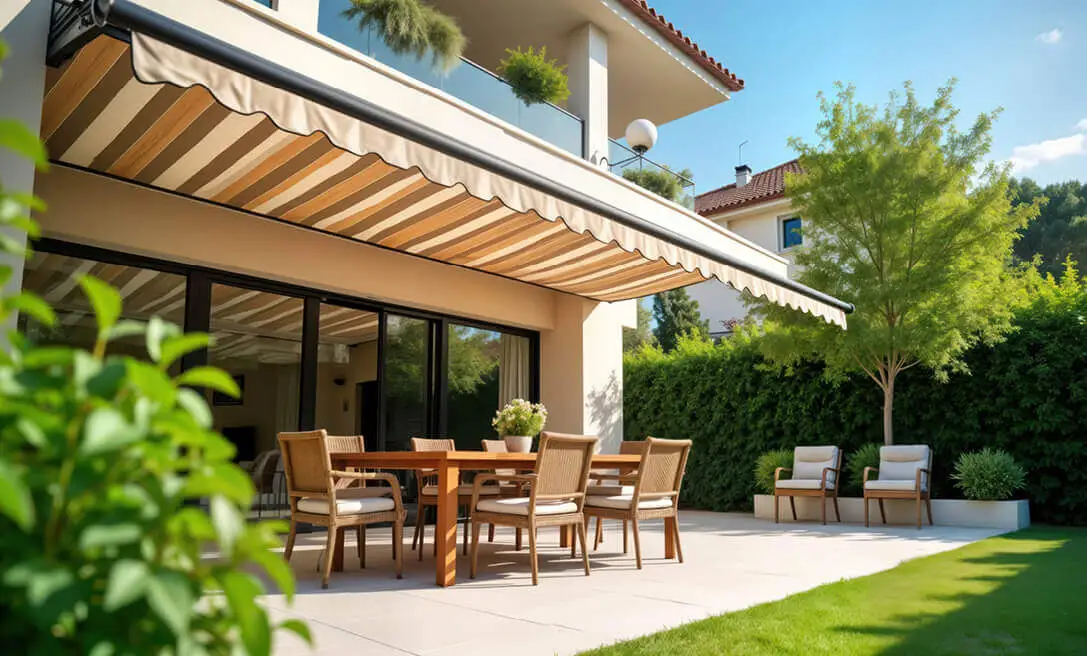 Terrasse mit ausfahrbarer Markise über einem Holztisch mit Stühlen und zwei Sesseln neben einem Haus.